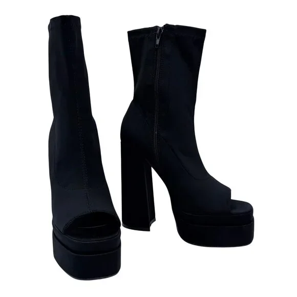 NIB Black Platform Open Toe Chunky Heel Lug Sole Casual Sexy Ankle Boots 10 - Picture 13 of 16